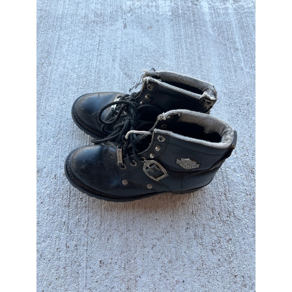 Harley Davidson Womens Black Leather Biker Boots Buckle Moto Lace Up 81602 Sz 7